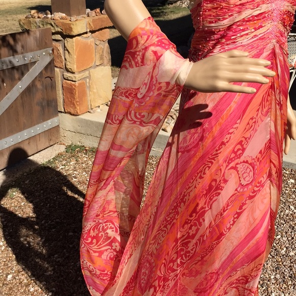 HP🎉BADGLEY MISCHKA FORMAL SEXY PINK & ORANGE HALTER FLOWY MAXI DRESS WITH SCARF - Picture 7 of 9